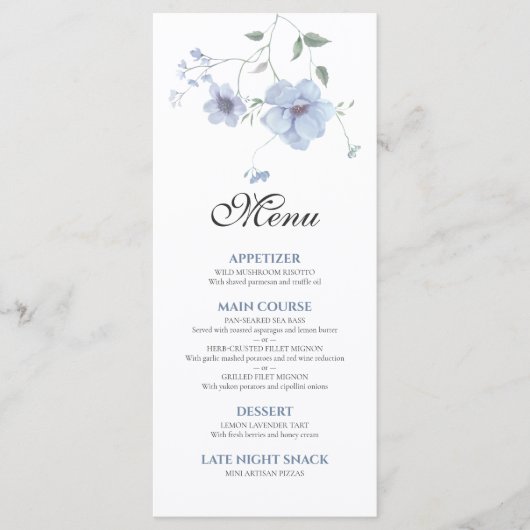 Stofblauw Elegant Waterverf Bloem Bruiloft Menu (Voorkant)