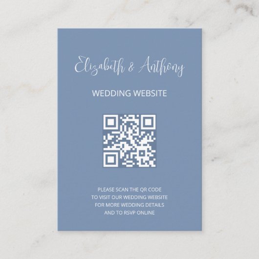 Stofblauw Elegante Schrift | QR Code Huwelijksreac Informatiekaartje (Voorkant)