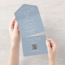 Stofblauw elegante script QR-code trouwdag All In One Uitnodiging