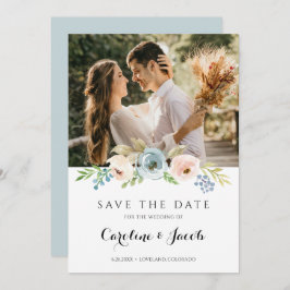 Stofblauw en blozend roze rustieke bloemen trouwju save the date