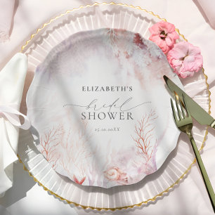 Stofblauw en Blozende Roze Flora Bruidsdouche Papieren Bordje