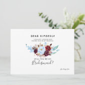 Stofblauw en bordeauxrood Wil je mijn bruidsmeisje Kaart (Staand voorkant)