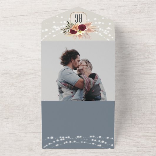 Stofblauw en Burgundy Trouw QR-code All In One Uitnodiging (Buitenkant)