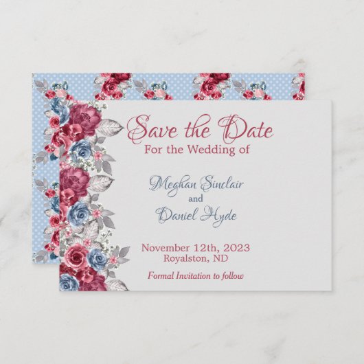 Stofblauw en diep bordeauxrood bloemendesign save- save the date (Voorkant / Achterkant)