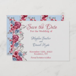 Stofblauw en diep bordeauxrood bloemendesign save- save the date