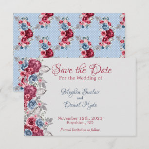 Stofblauw en diep bordeauxrood bloemig "Save the D Save The Date