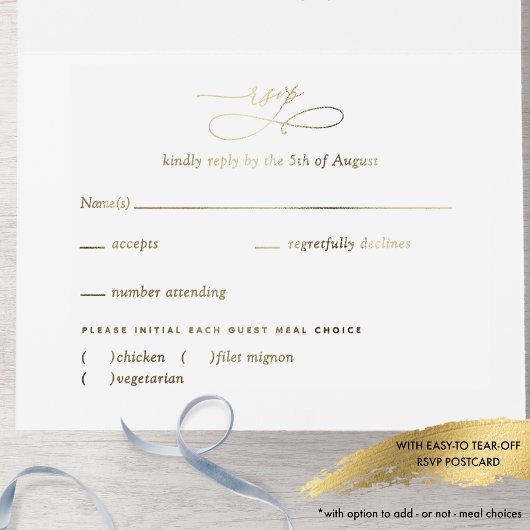 Stofblauw en echt goudkleurig folie monogram trouw all in one uitnodiging