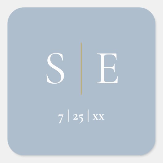 Stofblauw en gouden monogram trouw vierkante sticker (Voorkant)