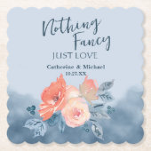Stofblauw en koraalroze waterverf bloemige bruilof kartonnen onderzetters (Voorkant)