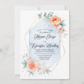 Stofblauw en levend koraal bloemige moderne trouwd kaart (Voorkant)