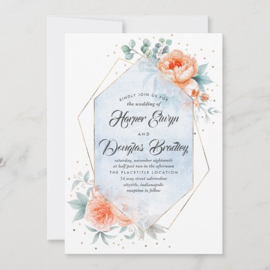 Stofblauw en levend koraal bloemige moderne trouwd kaart (Voorkant)