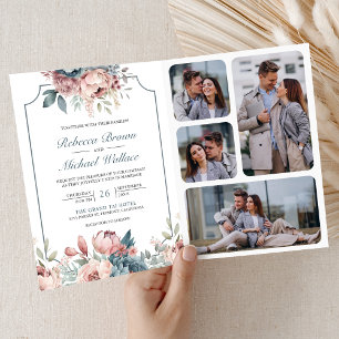 Stofblauw en Roze Bloemencode QR Wedding