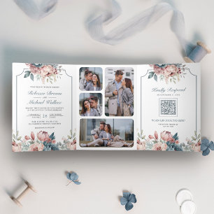 Stofblauw en Roze Bloemencode QR Wedding Drieluik Uitnodiging