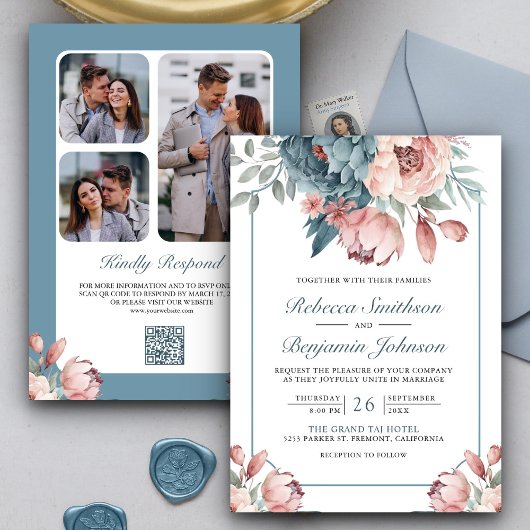 Stofblauw en Roze Bloemencode QR Wedding Kaart