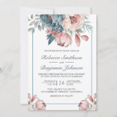 Stofblauw en Roze Bloemencode QR Wedding Kaart (Voorkant)