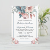 Stofblauw en Roze Bloemencode QR Wedding Kaart (Staand voorkant)