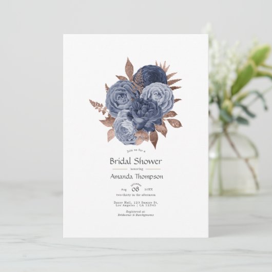 Stofblauw en roze gouden bloemencoupleshower kaart (Staand voorkant)