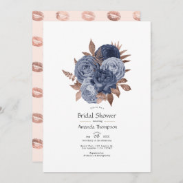 Stofblauw en roze gouden bloemencoupleshower kaart