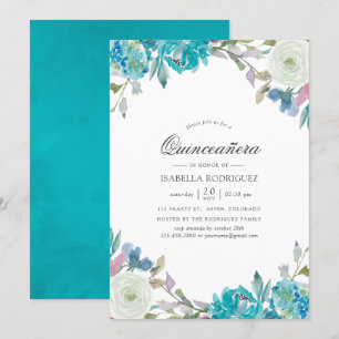 Stofblauw en Turquoise Bloemstuk Quinceañera Kaart