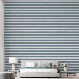 Stofblauw en witte brede horizontale strepen behang