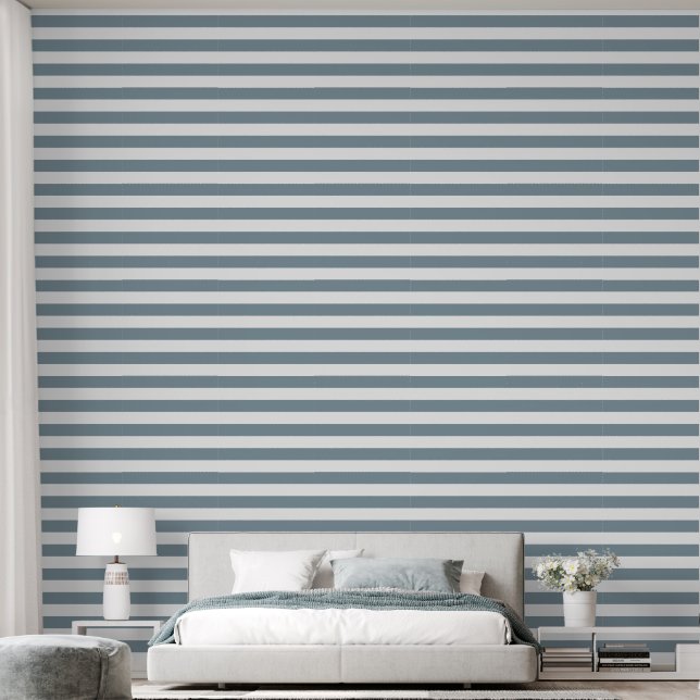 Stofblauw en witte brede horizontale strepen behang (Slaapkamer)