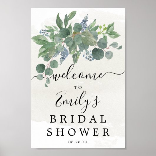 Stofblauw Eucalyptus Bruiloft Feest Welkomstbord Poster (Voorkant)