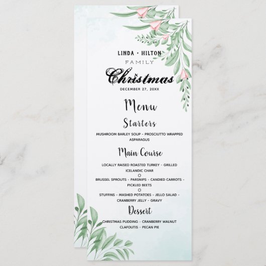 Stofblauw Eucalyptus Familie Kerst Dinner Menu (Voorkant / Achterkant)