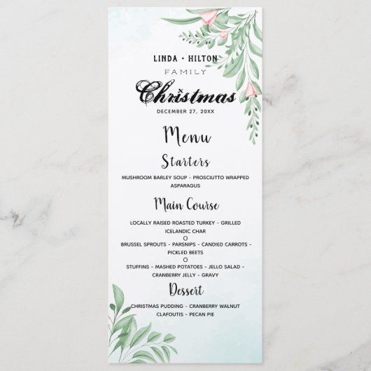 Stofblauw Eucalyptus Familie Kerst Dinner Menu (Voorkant)