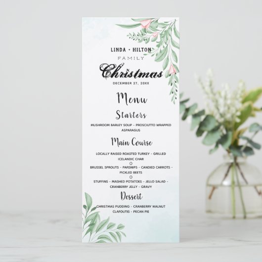 Stofblauw Eucalyptus Familie Kerst Dinner Menu (Staand voorkant)