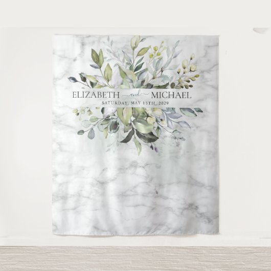 Stofblauw Eucalyptus Groene Botanische Marmer Wandkleed (Voorkant)