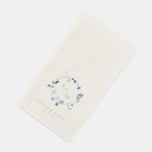Stofblauw Fijne Kunst Bloem Monogram Bruiloft Servet (Hoek)