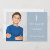 Stofblauw Foto Eerste Heilige Communie Bedankkaart (Voorkant)