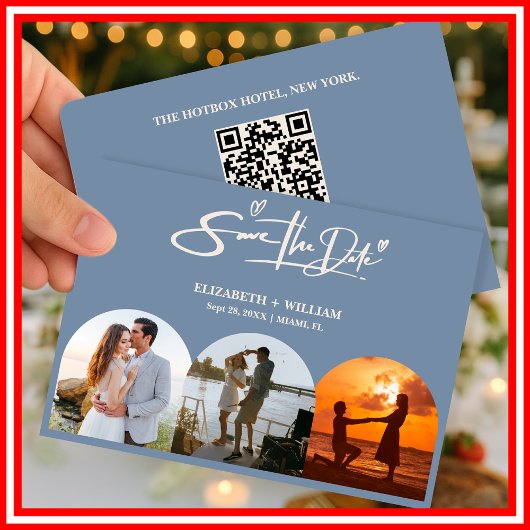 Stofblauw | Foto QR Code Elegante Minimalist Save The Date