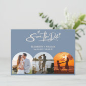 Stofblauw | Foto QR Code Elegante Minimalist Save The Date (Staand voorkant)