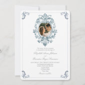 Stofblauw Frans Rococo Bruiloft Kaart (Voorkant)