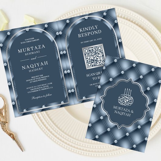 Stofblauw Geplooid Patroon QR Code Moslim Trouwdag