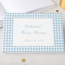Stofblauw Gingham Klassiek Baby Shower Gastboek Gastenboek