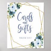 Stofblauw gouden bloemkaarten en cadeaus bord poster (Voorkant)