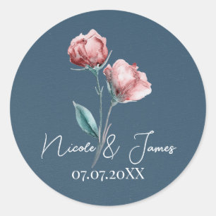 Stofblauw Grijs Modern Waterverf Bloem Bruiloft Ronde Sticker