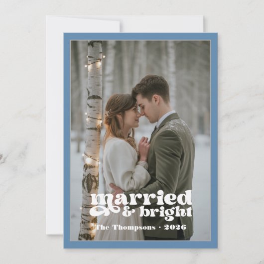 Stofblauw & Grijs Nieuwgetrouwd Kerstmis Feestdagenkaart (Voorkant)