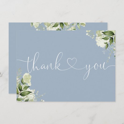 Stofblauw groen bloemmotief elegante script hart bedankkaart (Voorkant / Achterkant)