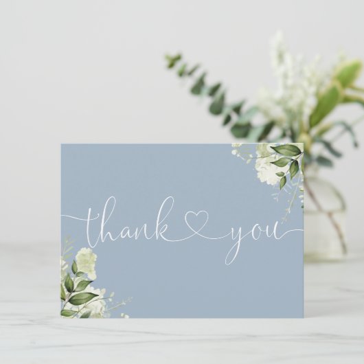 Stofblauw groen bloemmotief elegante script hart bedankkaart (Staand voorkant)