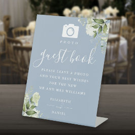 Stofblauw groen foto gastboek bruiloft reclamebord met voetstuk