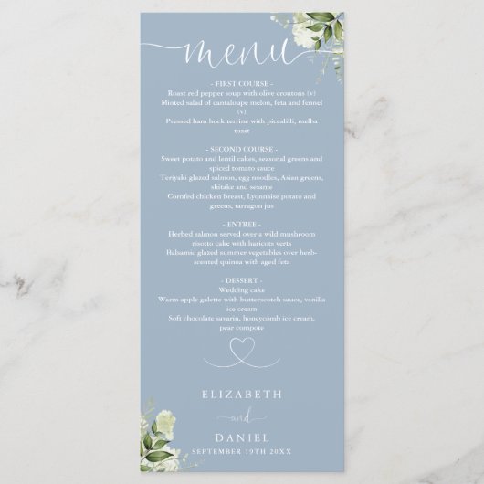 Stofblauw groen hart script bruiloft diner menu (Voorkant)