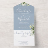 Stofblauw groen script monogram trouw all in one uitnodiging (Binnen)