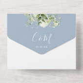 Stofblauw groen script monogram trouw all in one uitnodiging (Achterkant)