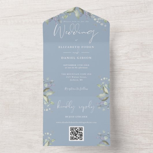 Stofblauw groenbloemmotief script QR-code trouwen All In One Uitnodiging (Binnen)