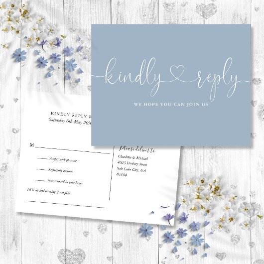 Stofblauw Hart Script Lied Verzoek RSVP Uitnodiging Briefkaart