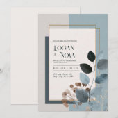 Stofblauw Houtskool Blad Gouden Lijst Bruiloft Kaart (Voorkant / Achterkant)