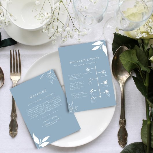 Stofblauw I Bladeren I Verwelkomingsbrief Tijdslij Menu